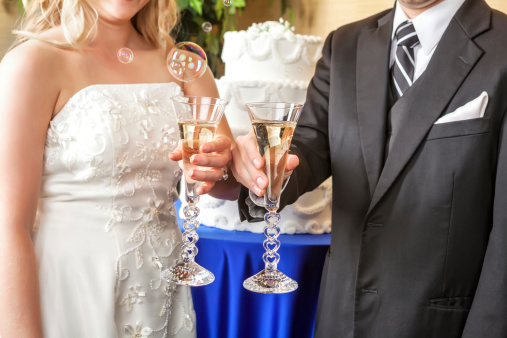 Bride and groom hold up their champagne flutes for a toast.  RM