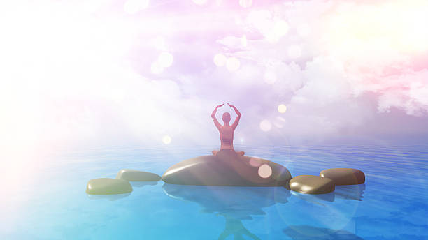 istock 3D female in yoga position in ocean with retro effect 480647350