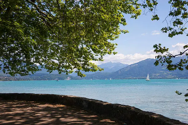 Landscape view from lake Annecy in French Alps, region Haute Savoie