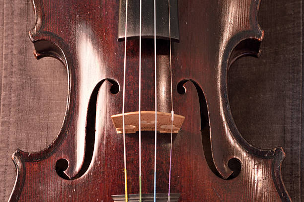 Antique violin closeup against gray fabric background Old violin against gray seamed fabric. Violin is an antique from the early 1800's in a dark stain (original finish). violin f hole stock pictures, royalty-free photos & images