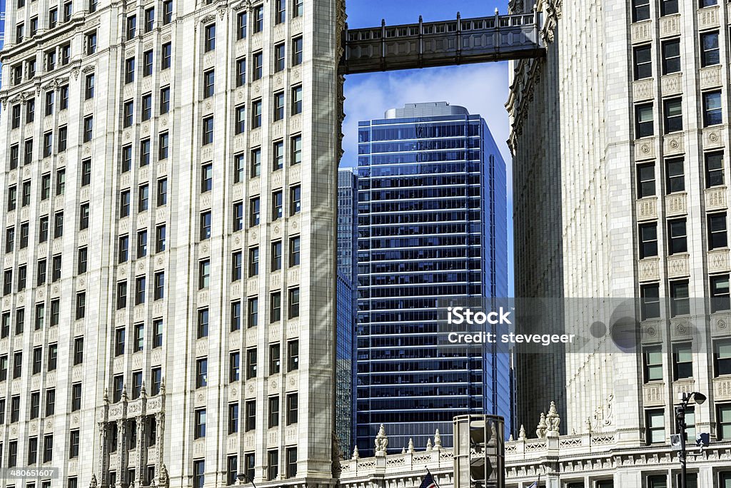 New skyscraper framed between two Wrigley Buildings, Chicago  Architectural Feature Stock Photo