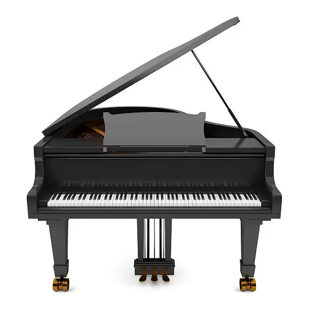 Photo of black grand piano isolated on white background