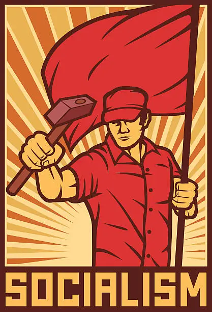 Vector illustration of worker holding flag and hammer - industry poster