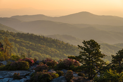 A Colorful sunrise over the Chimneys at the Linville Gorge Wilderness Area on a warm spring morning
