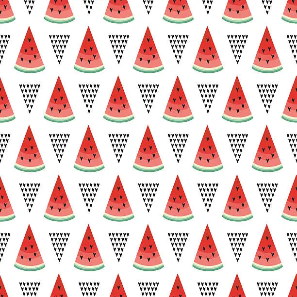 Vector illustration of Seamless background with watermelon slices and geometric shapes - triangles