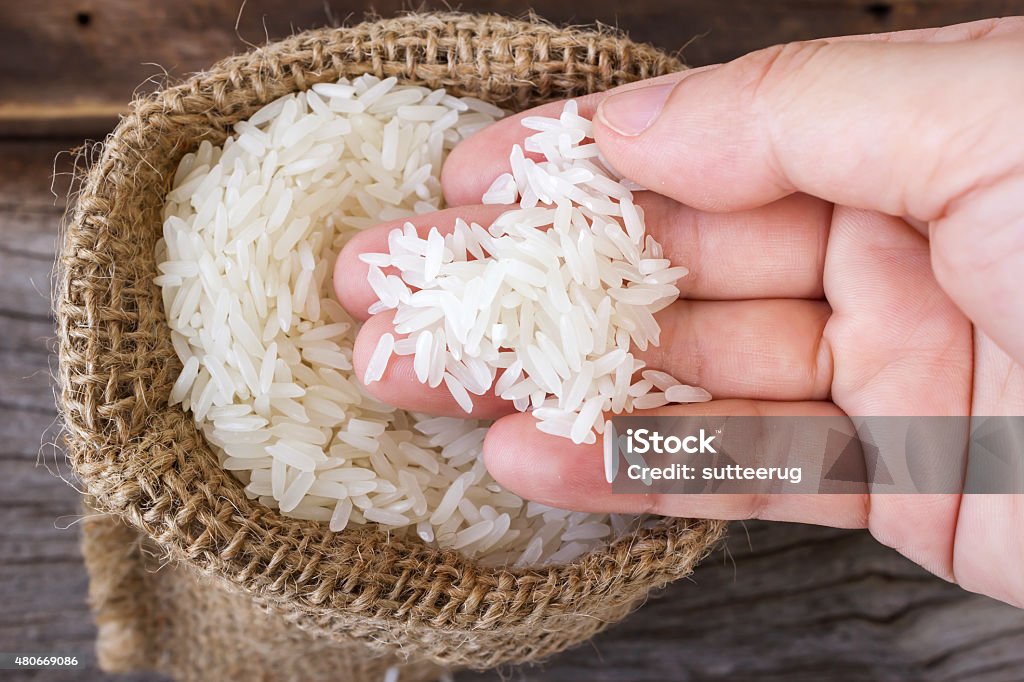 Mujer de la mano de recolección mano humana arroz en un saco de arpillera pequeñas. - Foto de stock de Arroz - Comida básica libre de derechos