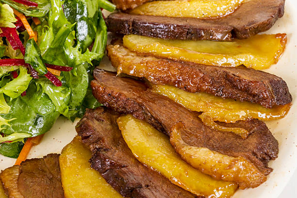 istock duck fillet, mashed potatoes seasoned with truffle oil, fig and 480675829