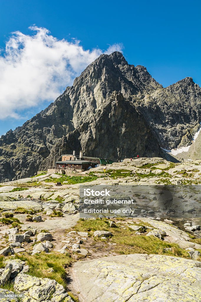 Mountain hut against peak in the Tatra mountains in Slovakia Stary Smokovec, Slovakia - July 03, 2015: Mountain shelter (Schronisko Teryego, Teryho chata, Terynka) against peak (Posrednia Gran, Prostredny hrot, Stredohrot) in the Tatra mountains in Slovakia 2015 Stock Photo