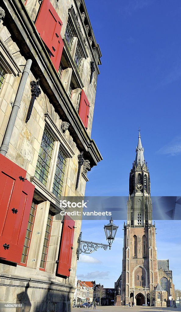 The Nieuwe Kerk in Delft The New Church and the Townhall at the Market place of Delft. In this church the Dutch Royal Family is burried. Arranging Stock Photo