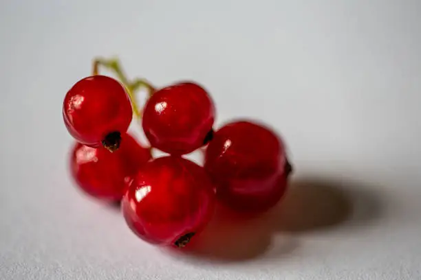 Slightly artistic representation of five redcurrants on white background