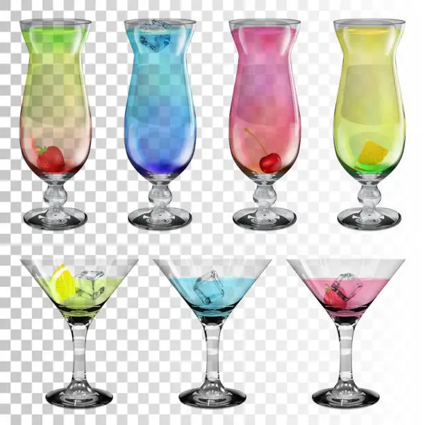 Vector illustration of Set of transparent glass goblets with cocktails