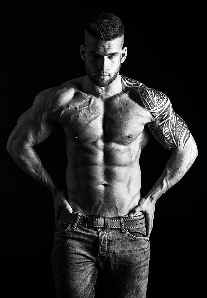 istock Muscular man - half-length, black and white photo 480681354