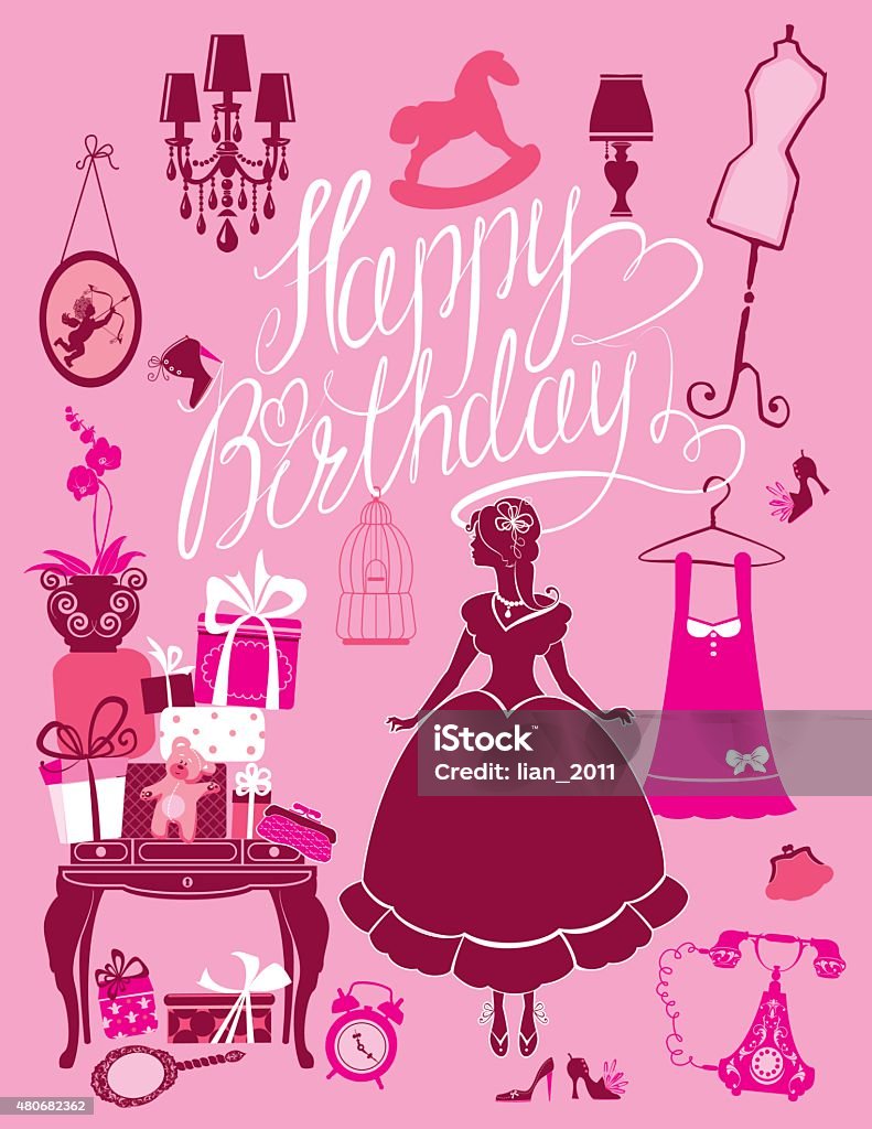 Princess Room with glamour accessories, Happy Birthday. Holiday card Princess Room with glamour accessories, furniture, cage, gift boxes, pictures. Princess girl - silhouette on pink background. Handwritten calligraphic text Happy Birthday. Holiday card for girls. 2015 stock vector