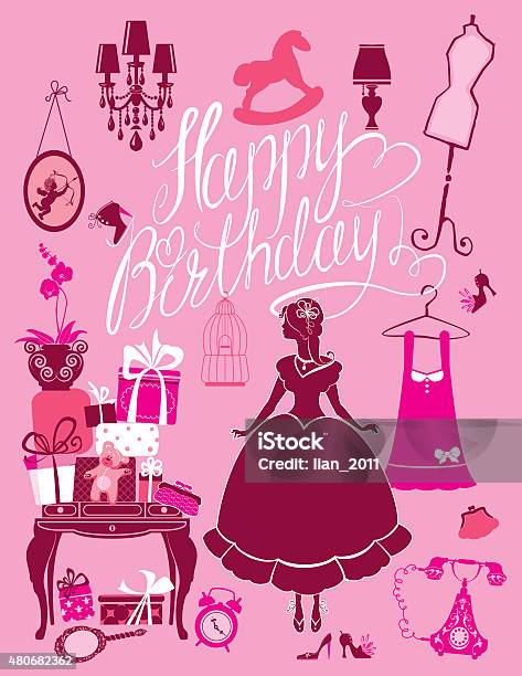 Princess Room With Glamour Accessories Happy Birthday Holiday Card Stock Illustration - Download Image Now