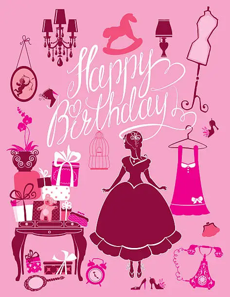 Vector illustration of Princess Room with glamour accessories, Happy Birthday. Holiday card