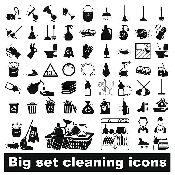 ilustraciones, imágenes clip art, dibujos animados e iconos de stock de gran conjunto de iconos de limpieza - dust dusting cleaning broom
