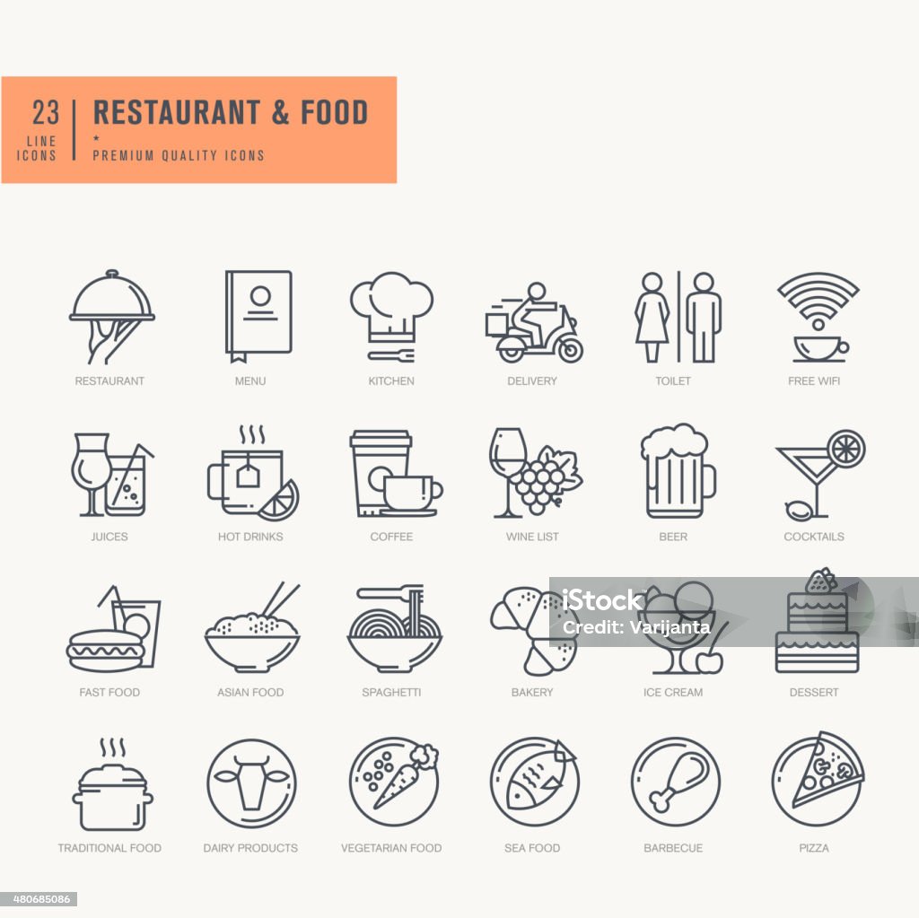 Thin line icons set Thin line icons set. Icons for food and drink, restaurant, cafe and bar, food delivery. Icon Symbol stock vector