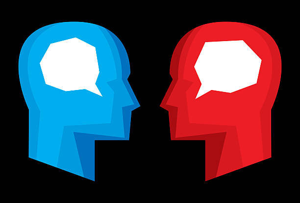 Profiles Speech Bubbles Stylized Vector illustration of red and blue stylized profiles with stylized speech bubbles in their heads. cartoon-of-the-knowledge-sharing stock illustrations