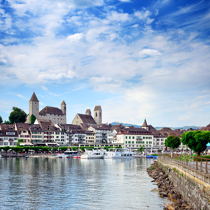 Colorful Chapel Covered Bridge Kapellbrucke Inner Harbor Buildings Reflection Reuss River Lucerne Switzerland. Built in 1365 Oldest Wooden Covered Bridge in Europe