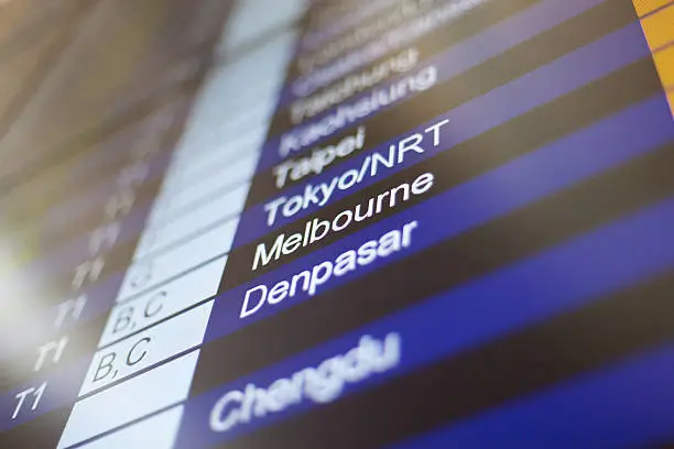 Airport arrival board in airport terminal. Travel concept. Melbourne in focus.