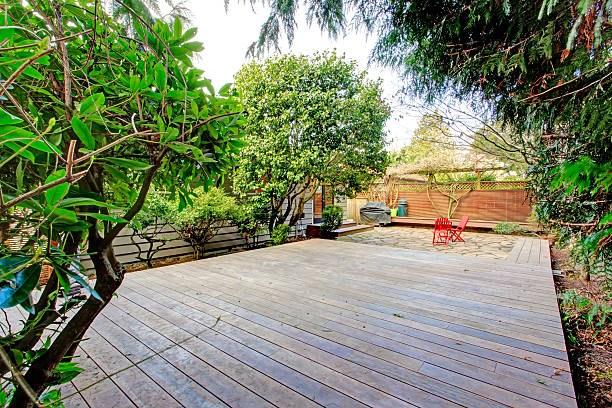 istock View of the backyard from a wooden deck 480685879