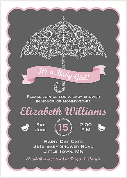 It's a Baby Girl Shower Invitation with Umbrella A cute lacy style umbrella decorated with raindrops, swirls of clouds and lightening bolts. A scalloped border completes this modern baby girl shower invitation. Please check my portfolio for more like this. scalloped illustration technique stock illustrations