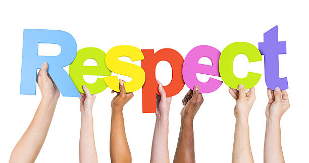group of diverse people's hands holding word respect - respect stockfoto's en -beelden
