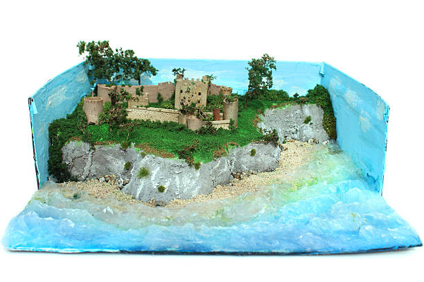 Image of model Norman castle made for school history project Photo showing a small model of a Norman castle, which has been made for school homework as part of a history project.  The castle is made from polymer clay and is perched atop some cliffs shaped using mod-roc plaster bandages, while clear silicon sealant is forming the sea beneath. diorama photos stock pictures, royalty-free photos & images