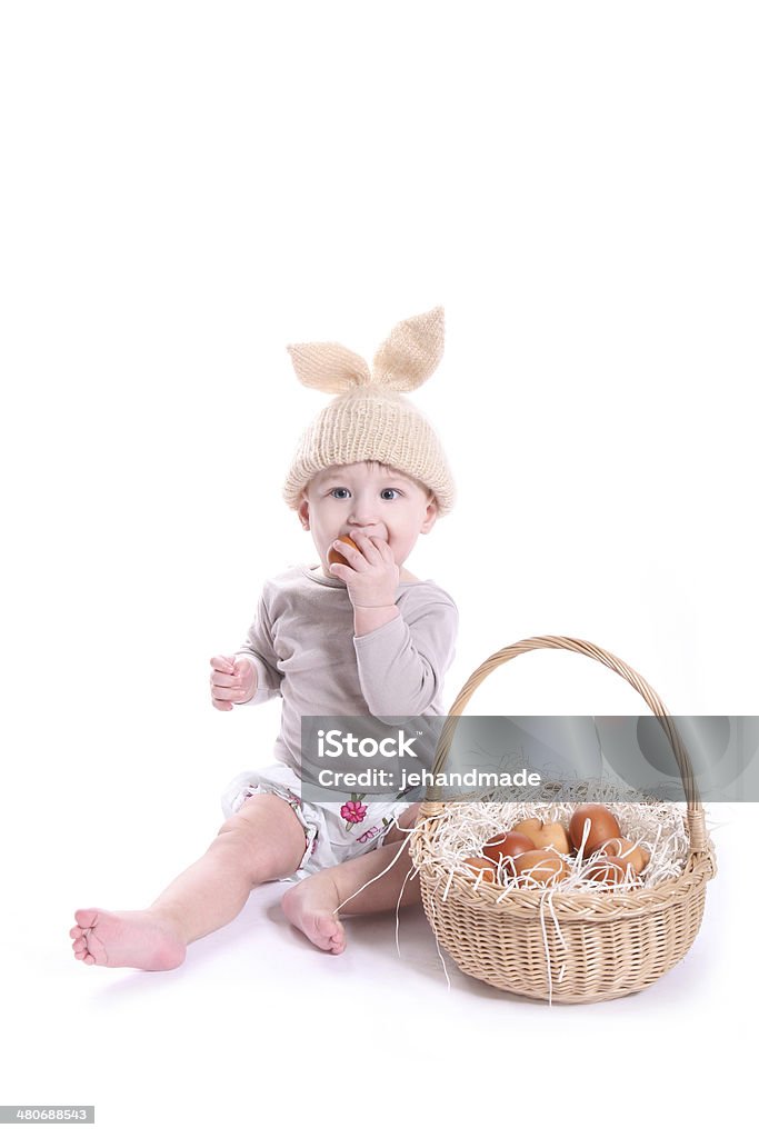 Adorable baby rabbit bunny girl with easter basket 6-11 Months Stock Photo