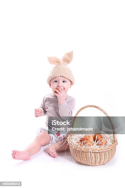 Adorable Baby Rabbit Bunny Girl With Easter Basket Stock Photo - Download Image Now - 6-11 Months, Animal, Animal Egg