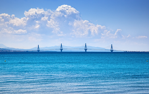 The Rion-Antirion bridge (officially the Charilaos Trikoupis bridge), the world's longest multi-span cable-stayed bridge. It crosses the Gulf of Corinth near the city of Patras, linking the town of Rion on the Peloponnese to Antirion on mainland Greece..