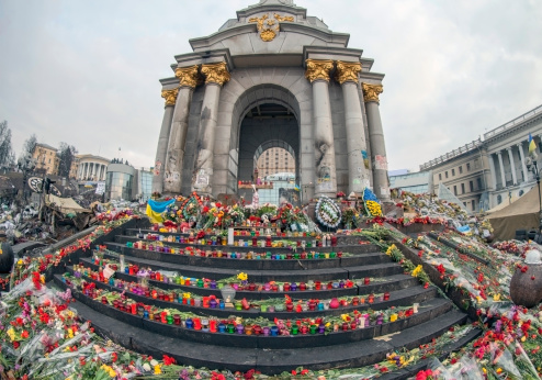 Flowers and  candles in memory of heroes of Euromaidan