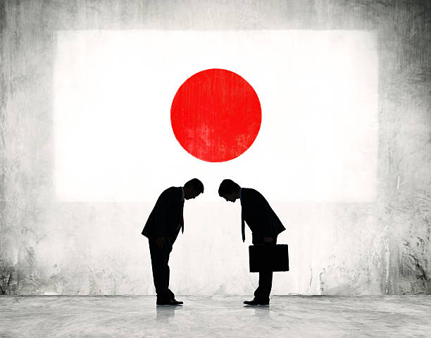 illustrazioni stock, clip art, cartoni animati e icone di tendenza di due persone d'affari giapponese saluto con bandiera del giappone - bowing