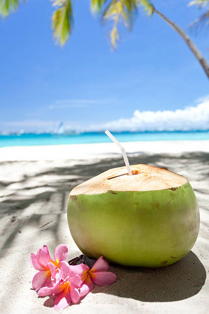istock Tropical fresh cocktail on white beach 480694297