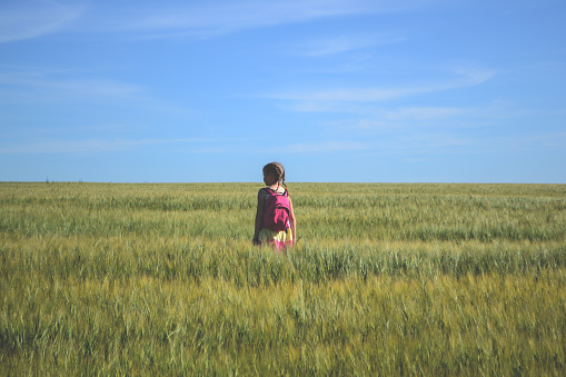 Little girl with backpack walking in a field
