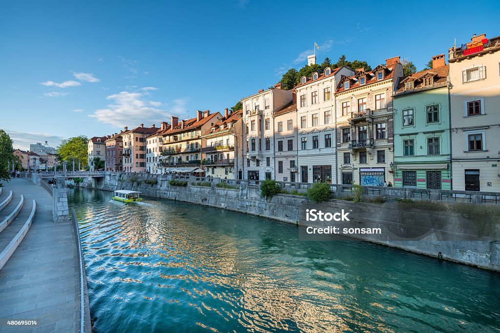 Panorama of river Ljubljanica, Ljubljana, Slovenia, Europe. Cityscape of the Slovenian capital Ljubljana. Ljubljana Stock Photo