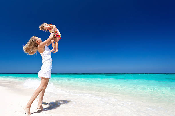 istock Happy mother and little child on beach 480697425