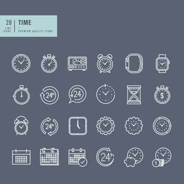 Vector illustration of Set of thin line web icons on the theme of time