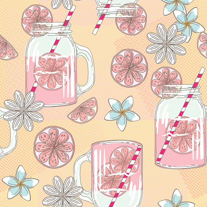 Summer Flowers and Cute Hand Drawn Pink Lemonade Mason Jars. Peach and Pink.