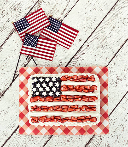 istock Patriotic American flag cake and decorative mini flags 480702368