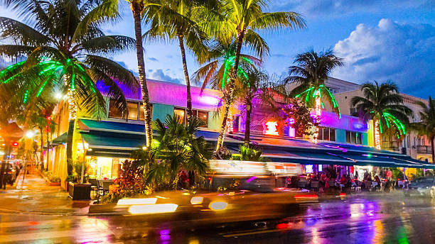 Colourful nightlife of Miami Beach Colours, cabs and cocktails determine the nightlife while celebrating in Miami Beach. South Beach offers endless locations to have fun all night long. south beach photos stock pictures, royalty-free photos & images