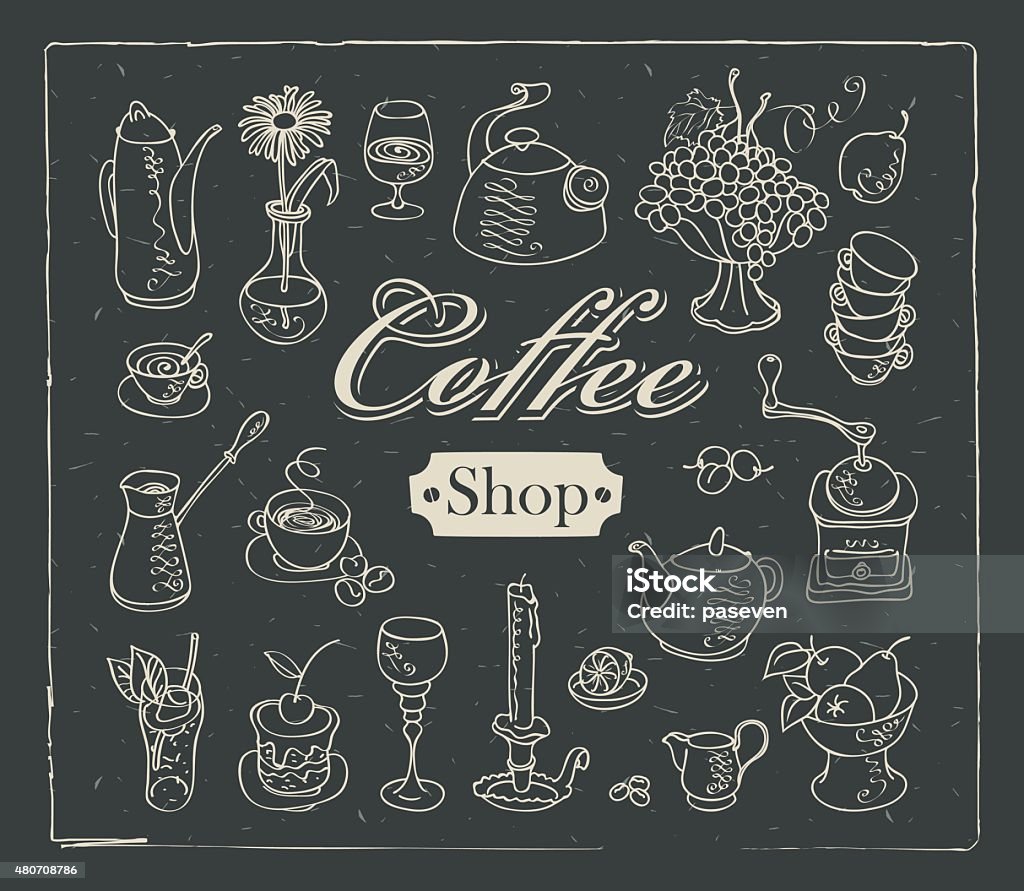 coffee shop set of figures on a black background on the subject of tea and coffee Monoprint stock vector