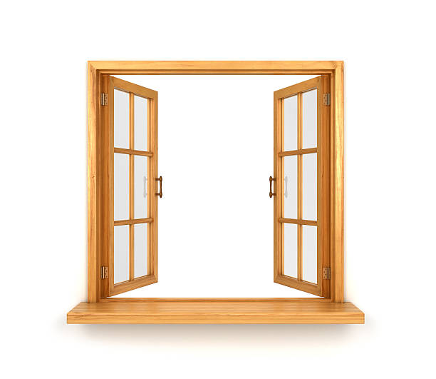 double a ouvert ses portes en bois près de la fenêtre - window frame window isolated clipping path photos et images de collection