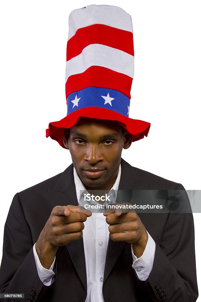 Black African American Man Dressed As Uncle Sam Black man playing as "Uncle Sam" American Mascot Presidents Day Stock Photo