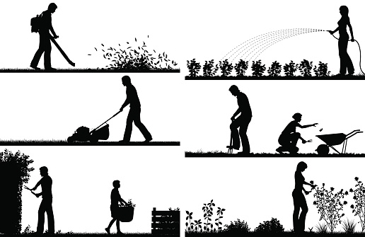Set of eps8 editable vector silhouette foregrounds of people gardening with all figures as separate objects