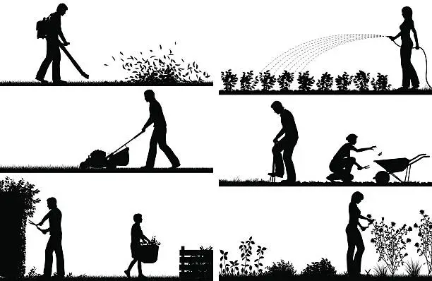 Vector illustration of Gardening foreground silhouettes