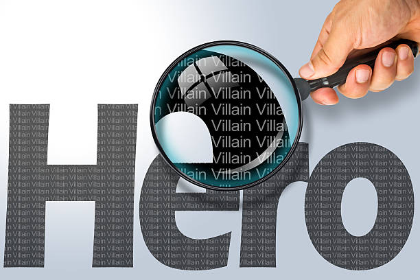 HERO - VILLAIN Opposite message, Hand holding magnifying glass