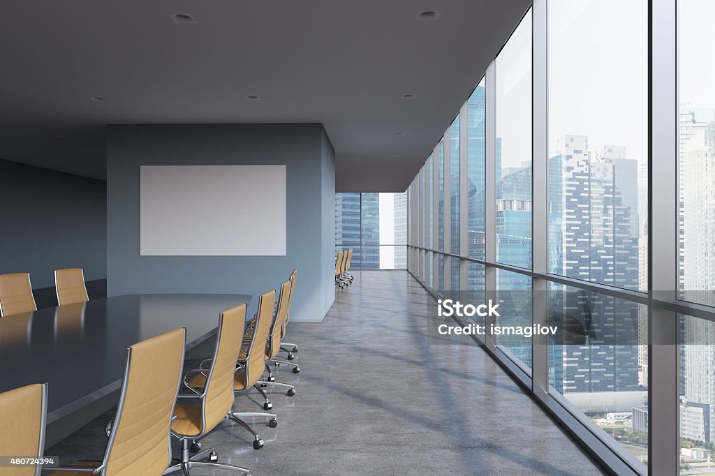 Panoramic conference room in modern office in Singapore. Panoramic conference room in modern office in Singapore. Brown chairs and a black table. 3D rendering. Singapore Stock Photo
