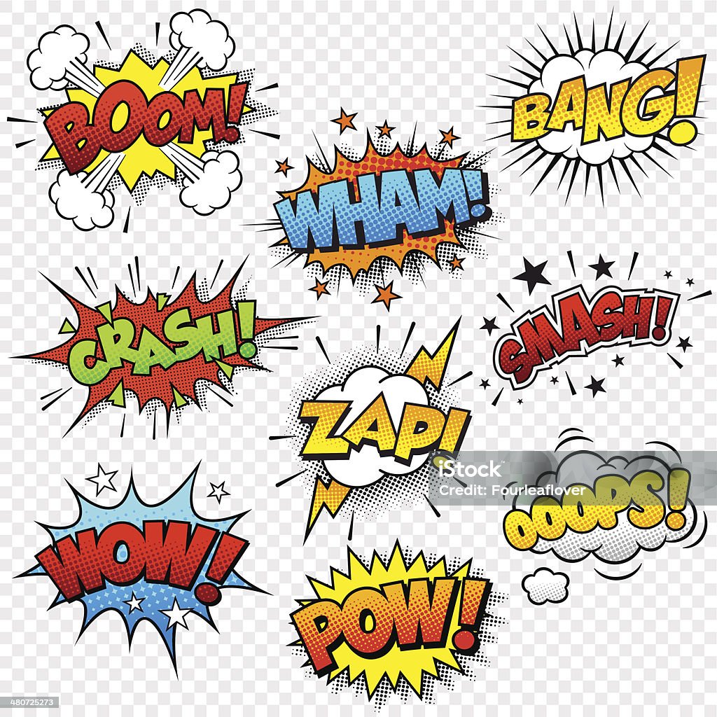 Comic Sound Effects Collection of nine multicolored comic sound Effects. This Graphic set includes 5 different file formats: Comic Book stock vector