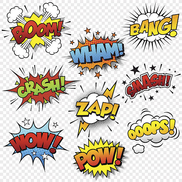 Comic Sound Effects Collection of nine multicolored comic sound Effects. This Graphic set includes 5 different file formats: single word stock illustrations